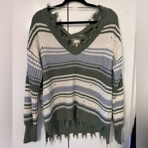 Rue21 V-Neck Sweater in Green, Cream, and Gray